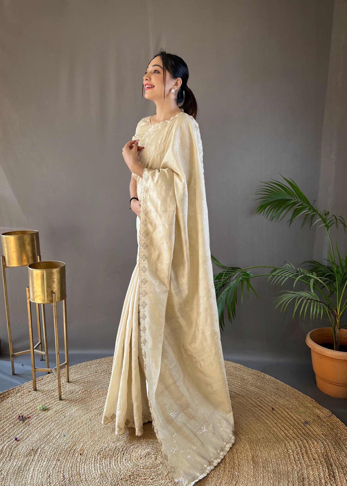 Unique Off White Color Ready To Wear Sequence Saree