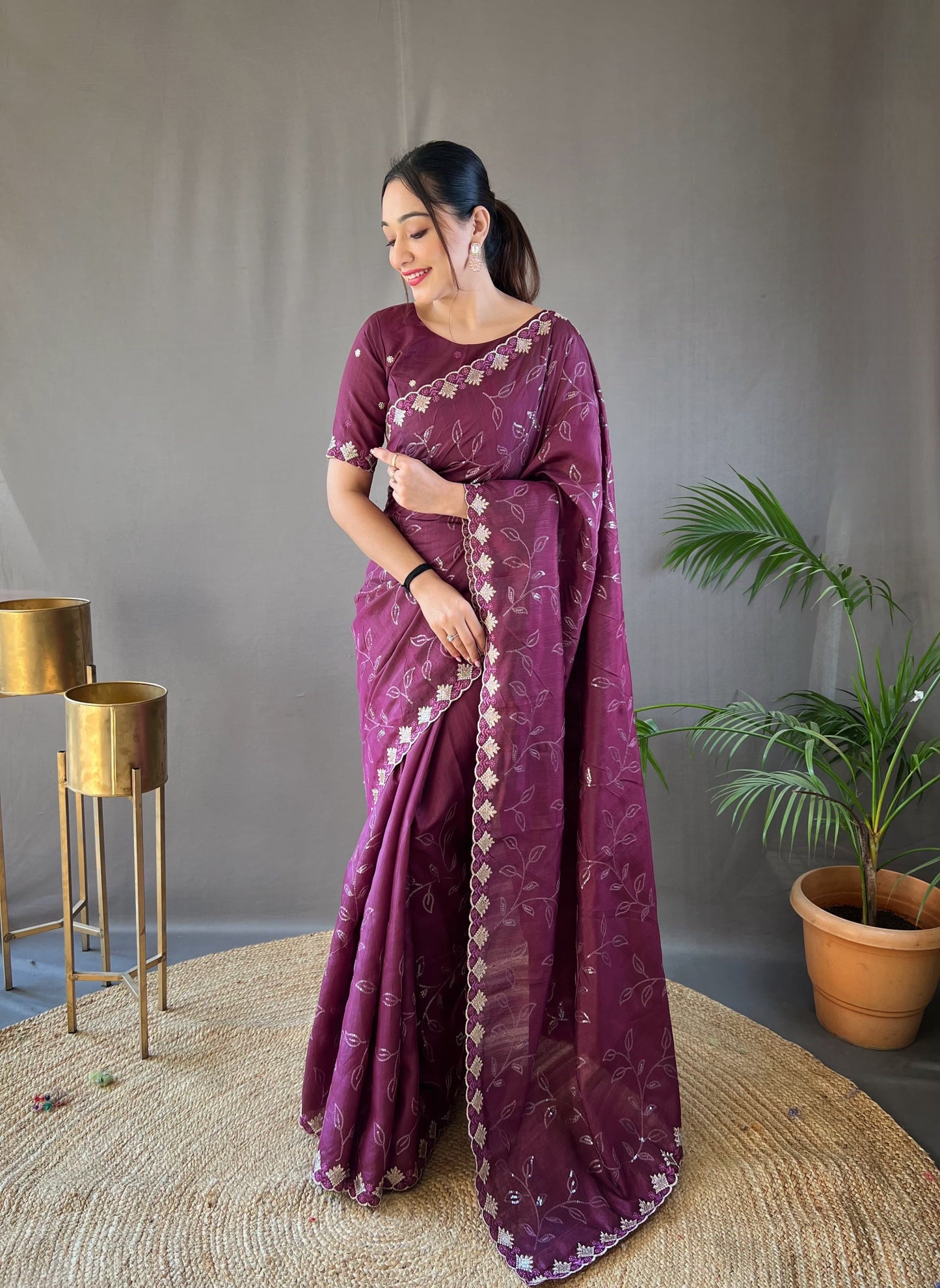 Unique Wine Color Ready To Wear Sequence Saree