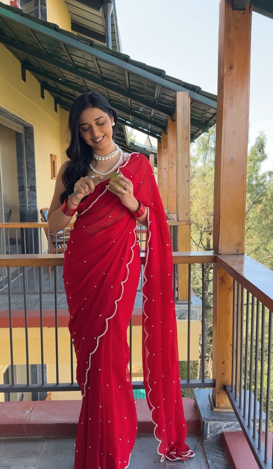 Exotic Georgette Ready To Wear Red Color Saree