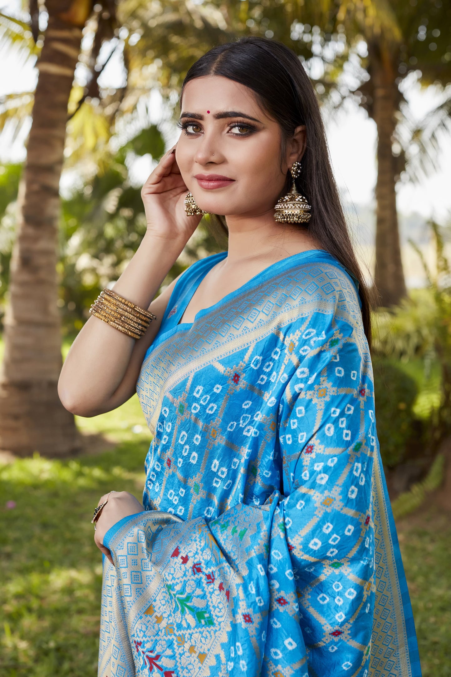 Glorious Bandhej Silk Sky Blue Color Saree