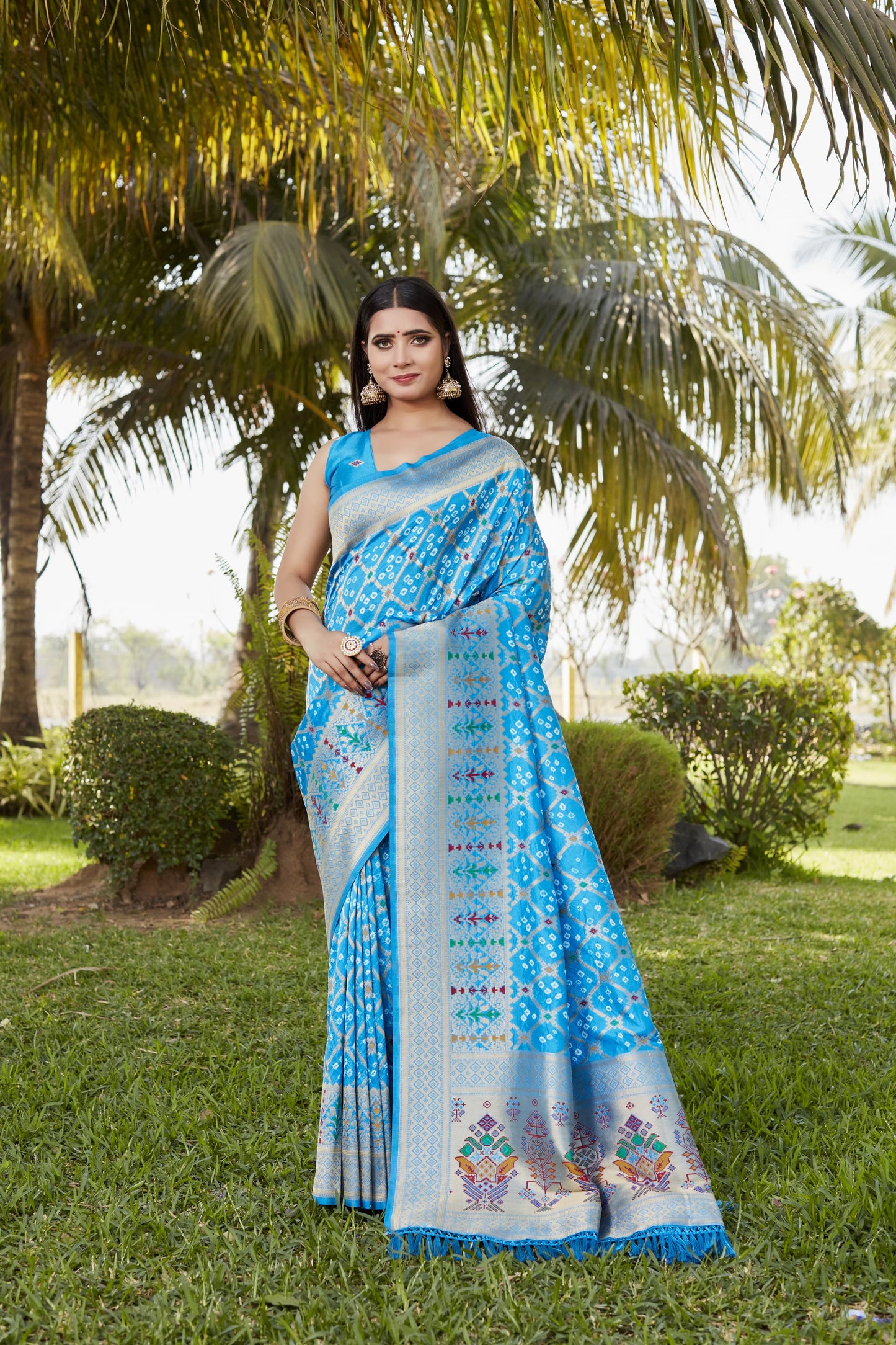 Glorious Bandhej Silk Sky Blue Color Saree