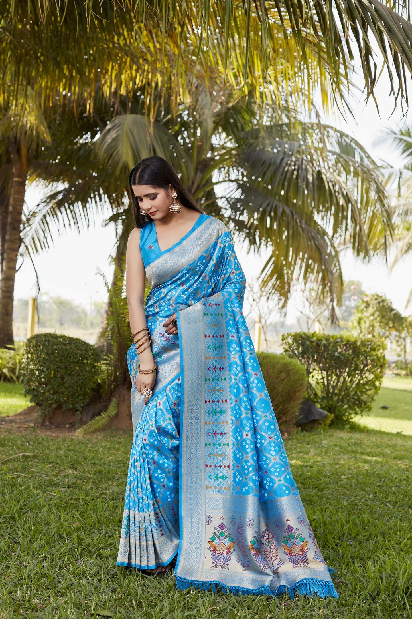 Glorious Bandhej Silk Sky Blue Color Saree