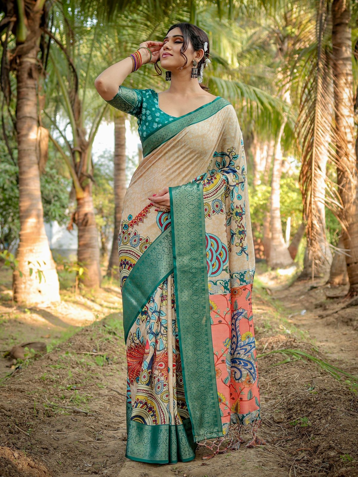 Glorious Beige Color Printed Silk Saree