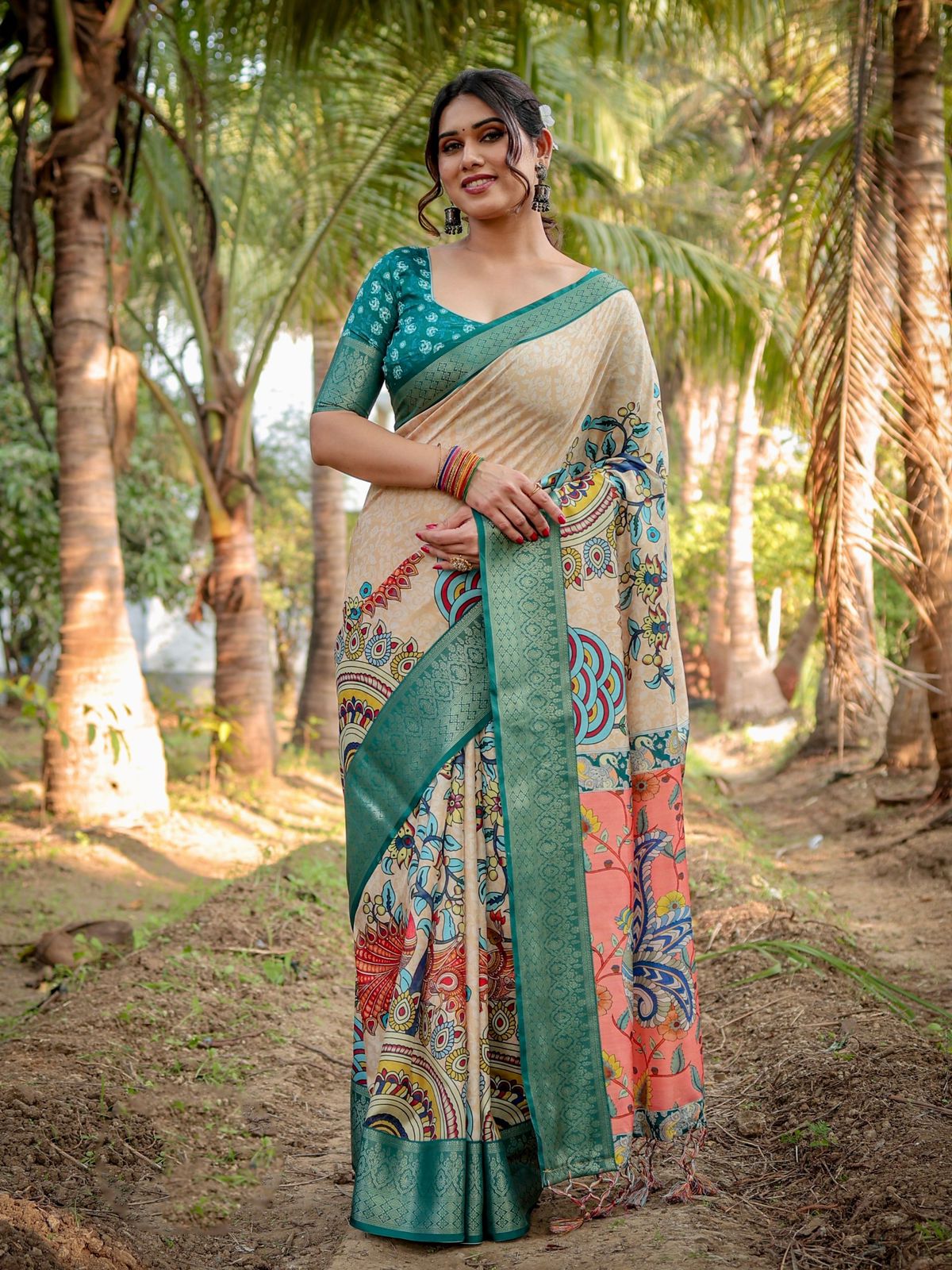 Glorious Beige Color Printed Silk Saree