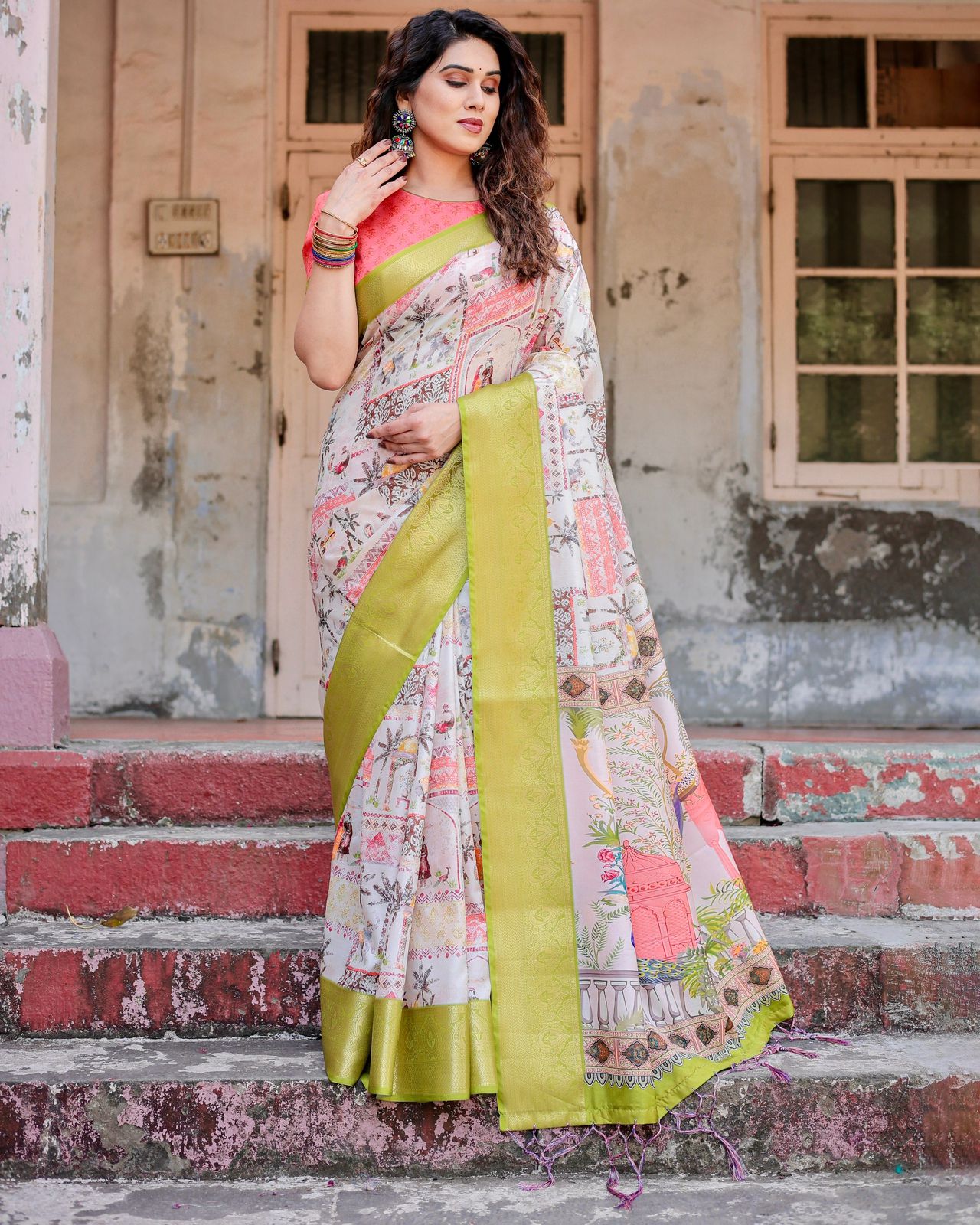 Charming White Color Printed Silk Saree