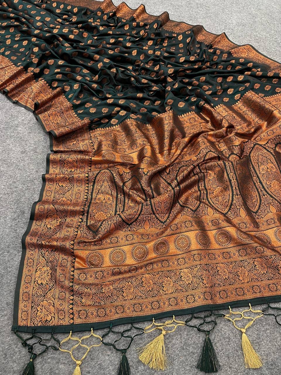 Elegant Banarasi Silk Mehndi Wear Dark Green Color Saree