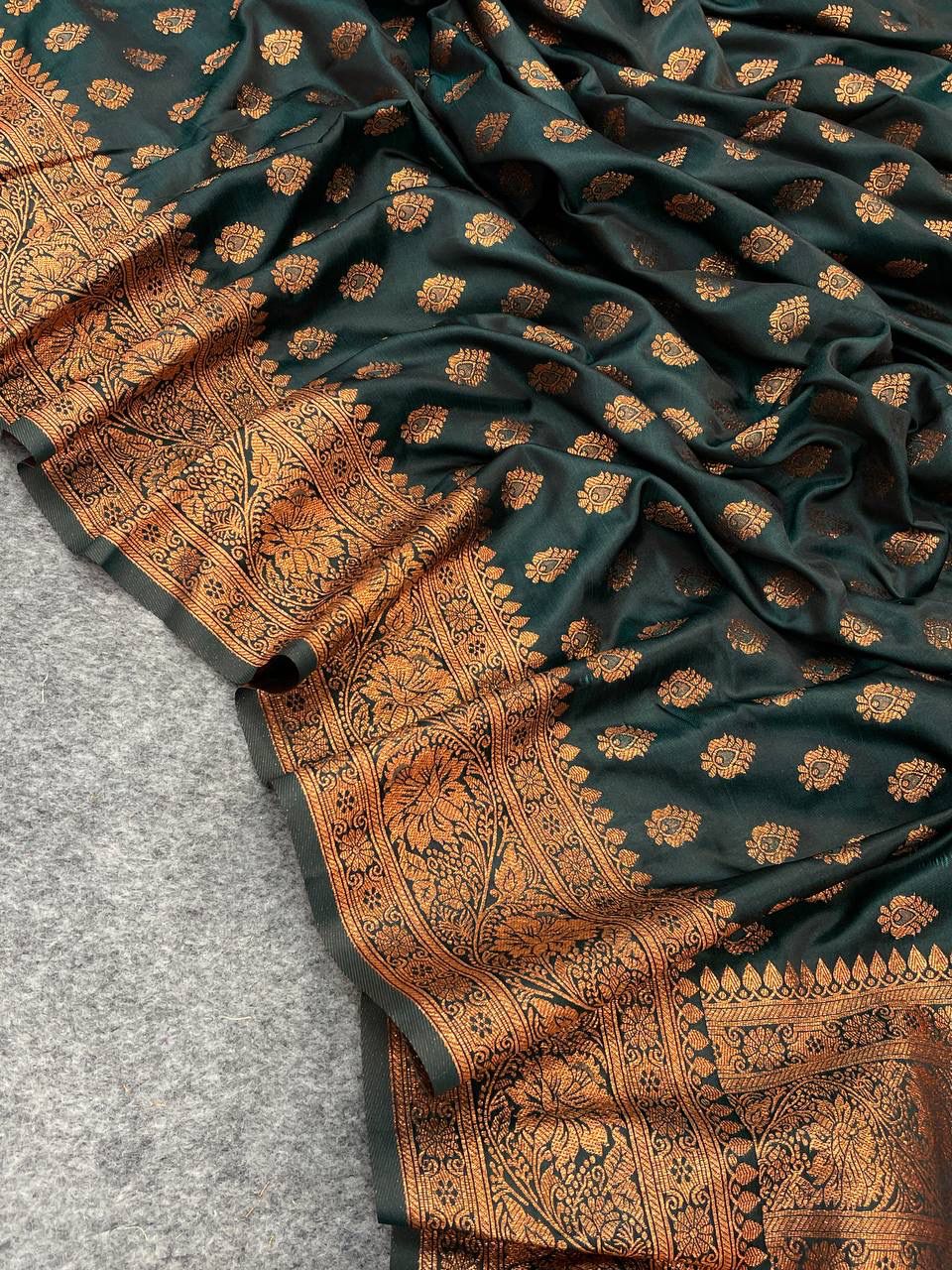 Elegant Banarasi Silk Mehndi Wear Dark Green Color Saree