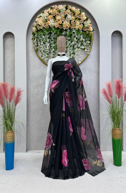 Charming Organza Silk Black Color Saree