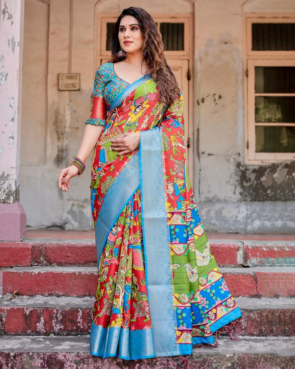 Classic Printed Silk Sky Blue Color Saree