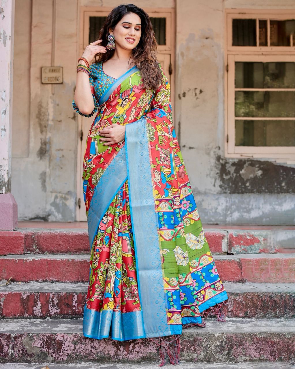 Classic Printed Silk Sky Blue Color Saree