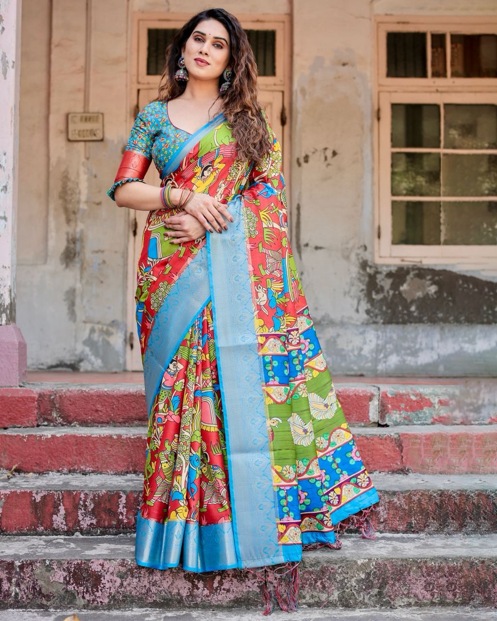 Classic Printed Silk Sky Blue Color Saree