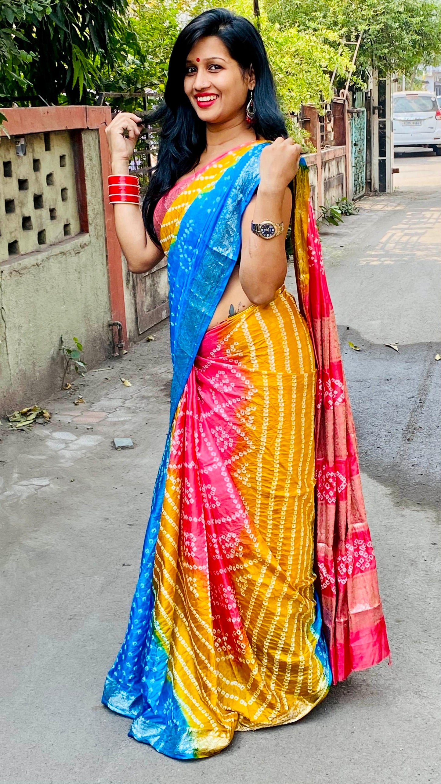 Precious Bandhej Silk Multi Color Saree