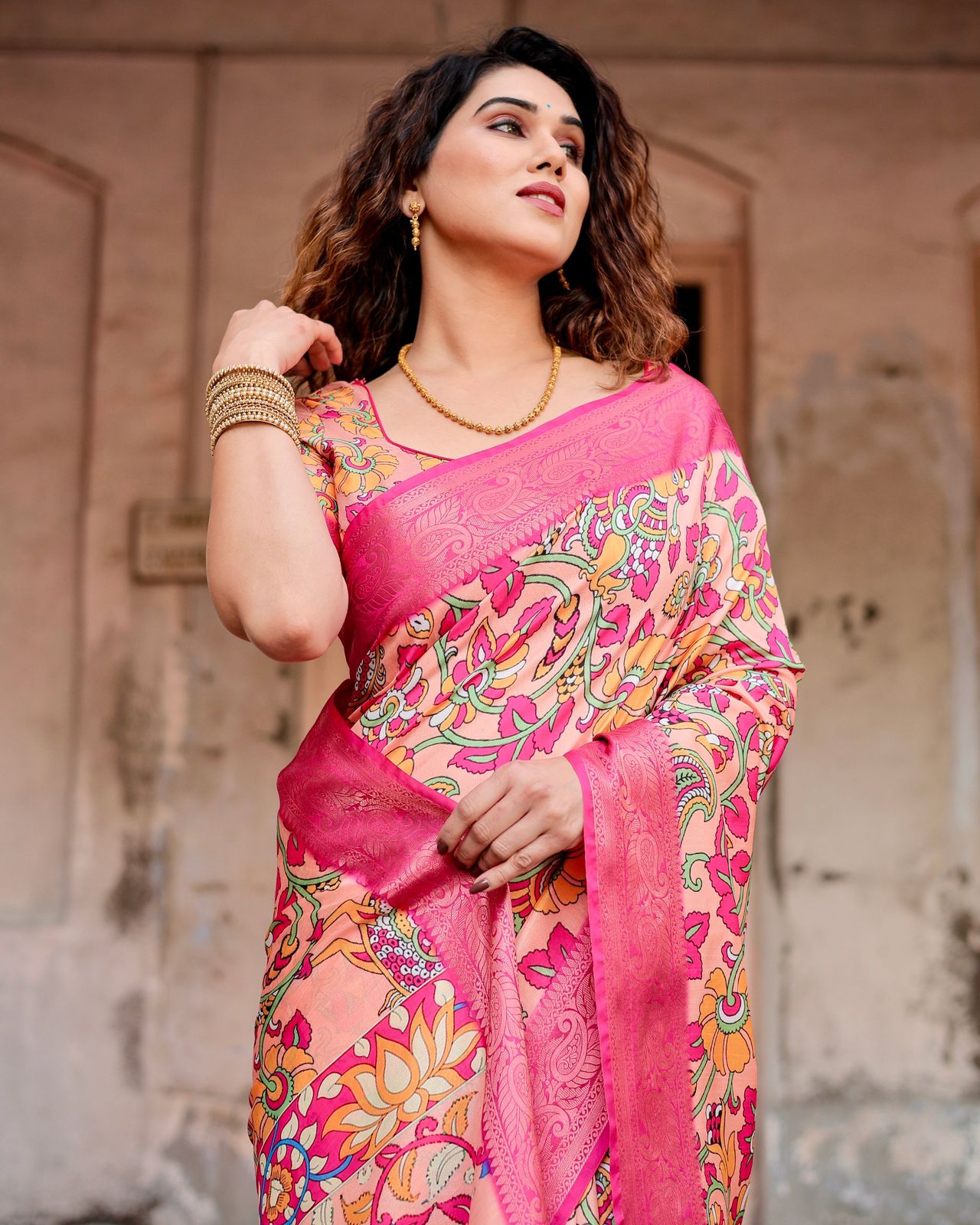 Elegant Printed Silk Peach Color Saree