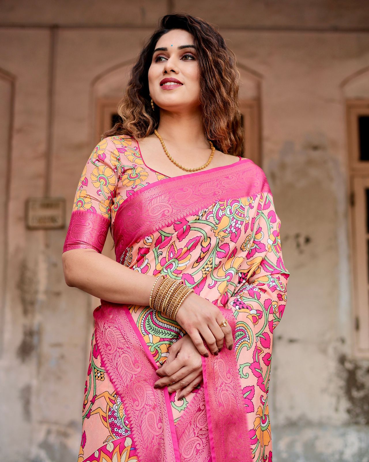 Elegant Printed Silk Peach Color Saree