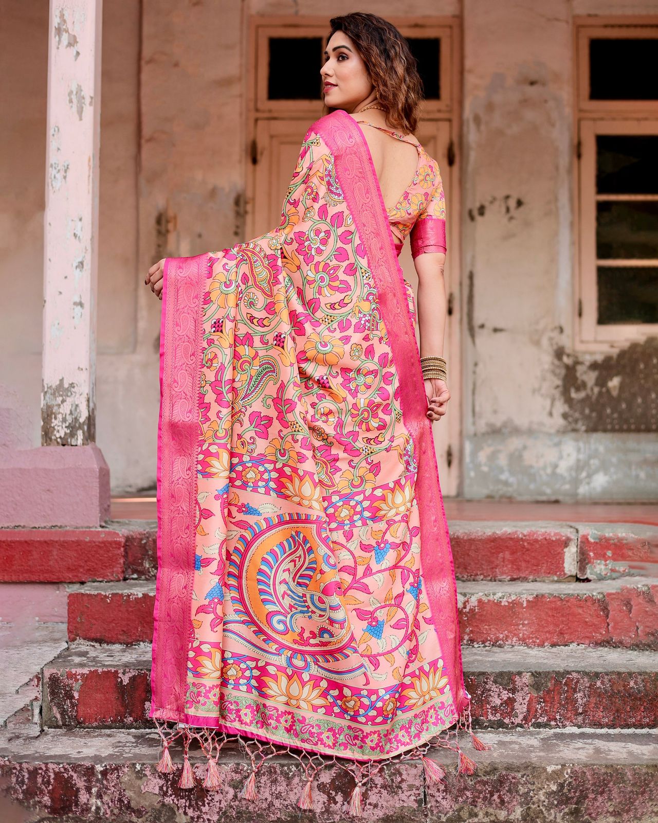 Elegant Printed Silk Peach Color Saree