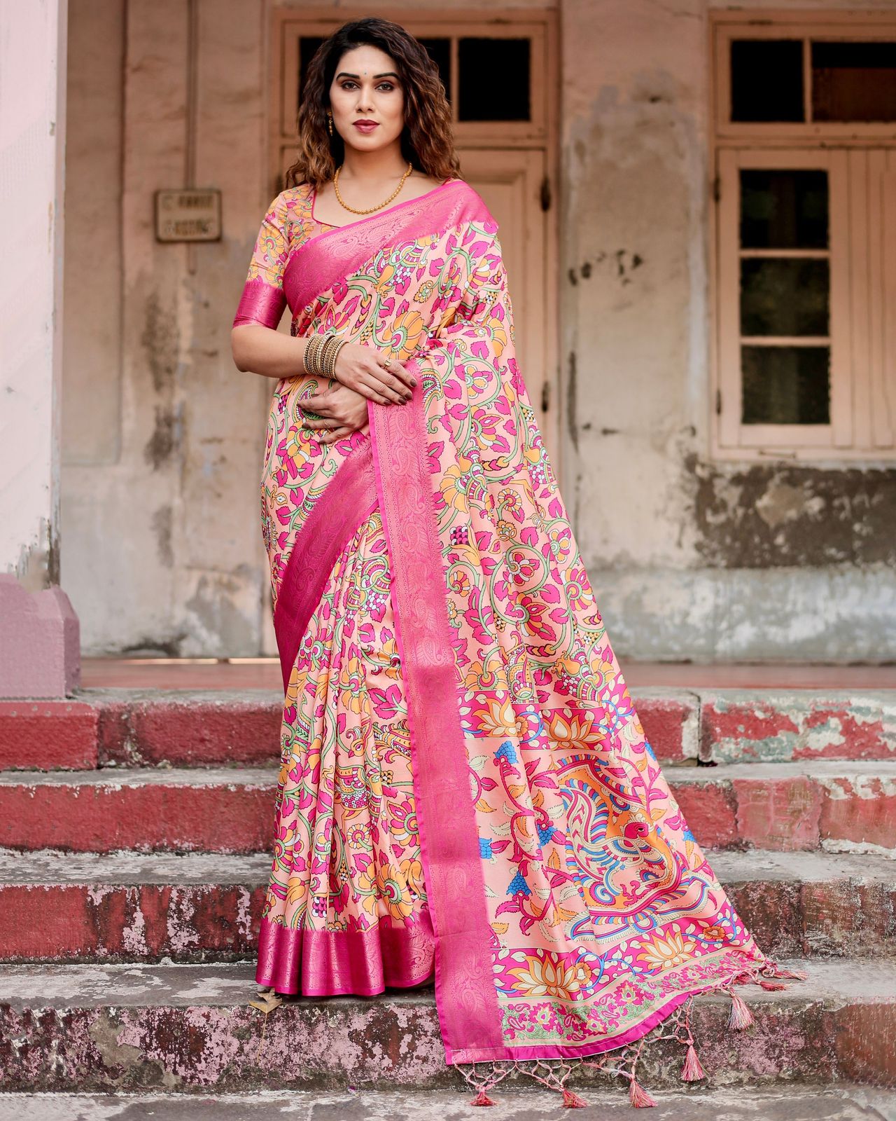 Elegant Printed Silk Peach Color Saree