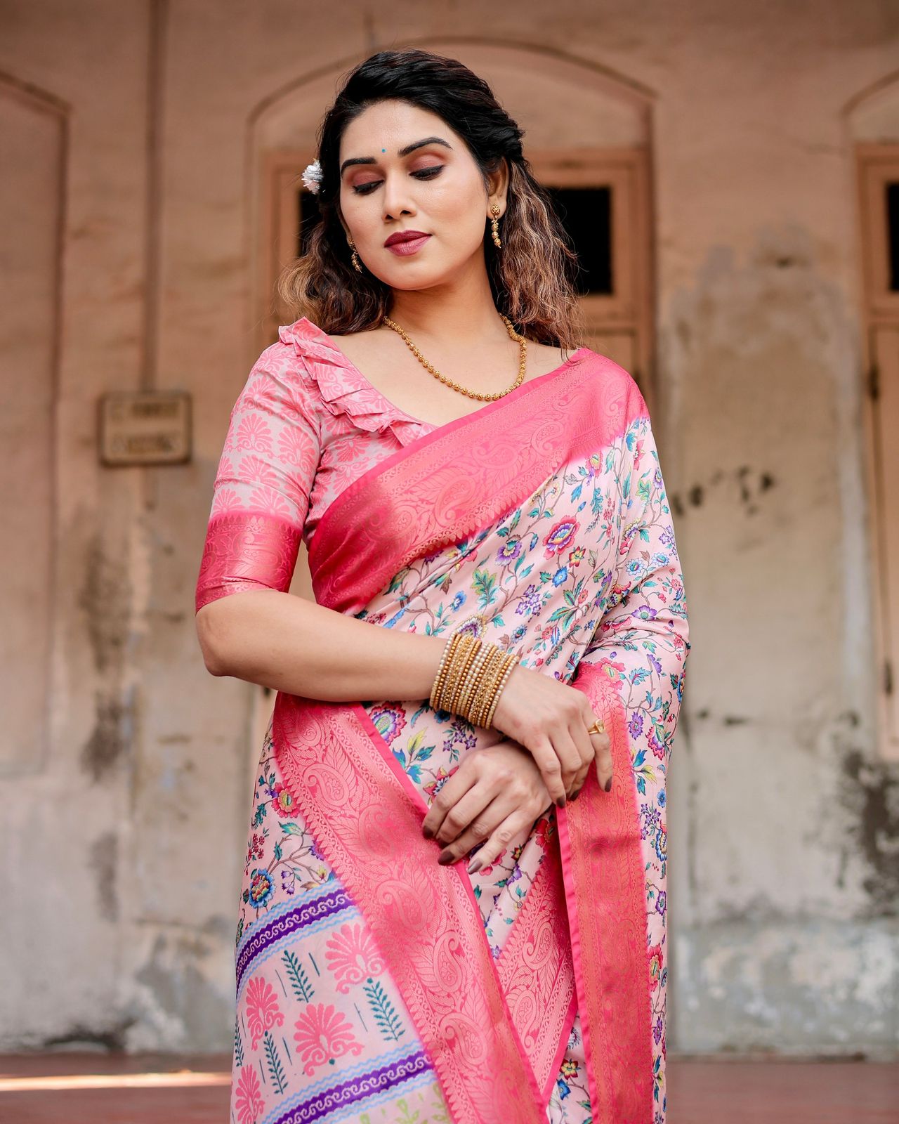 Luxuriant Printed Silk Pink Color Saree