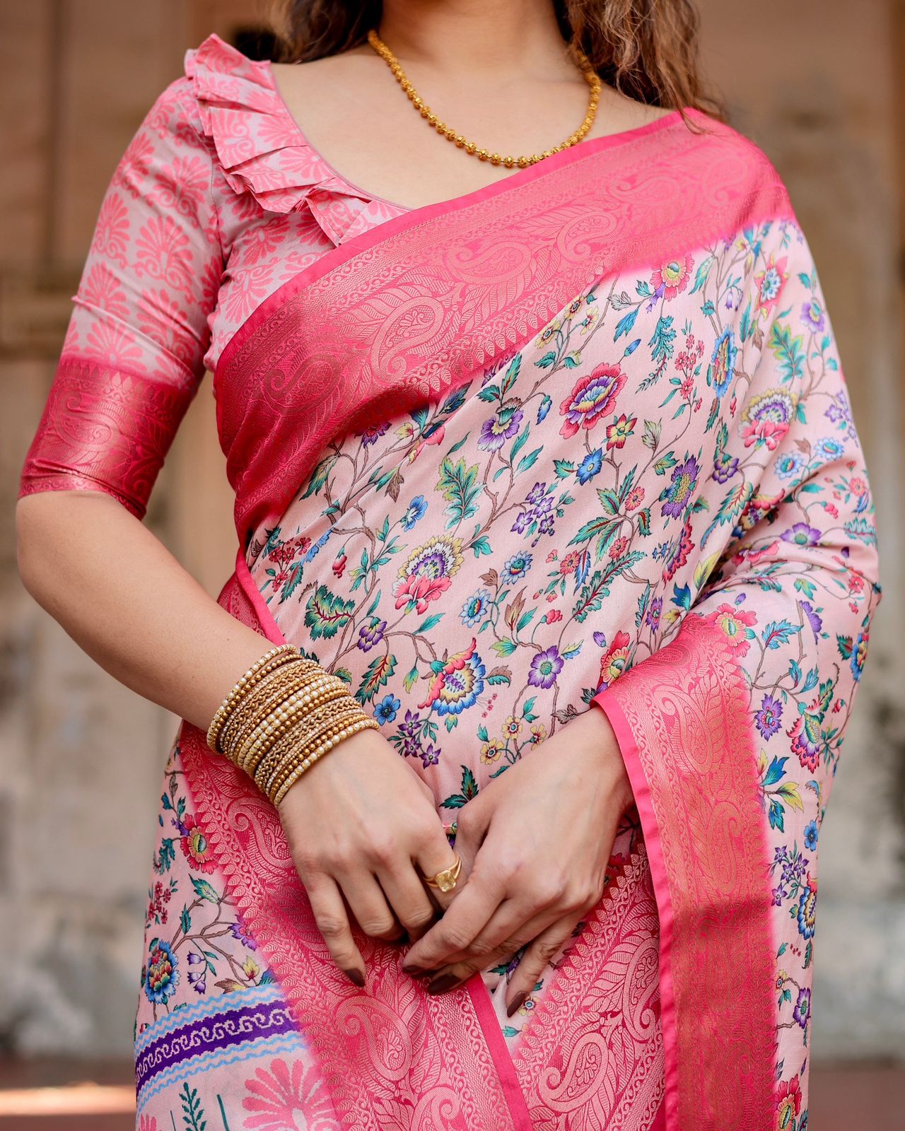 Luxuriant Printed Silk Pink Color Saree