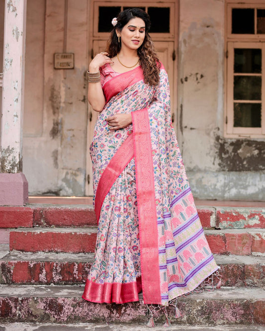 Luxuriant Printed Silk Pink Color Saree