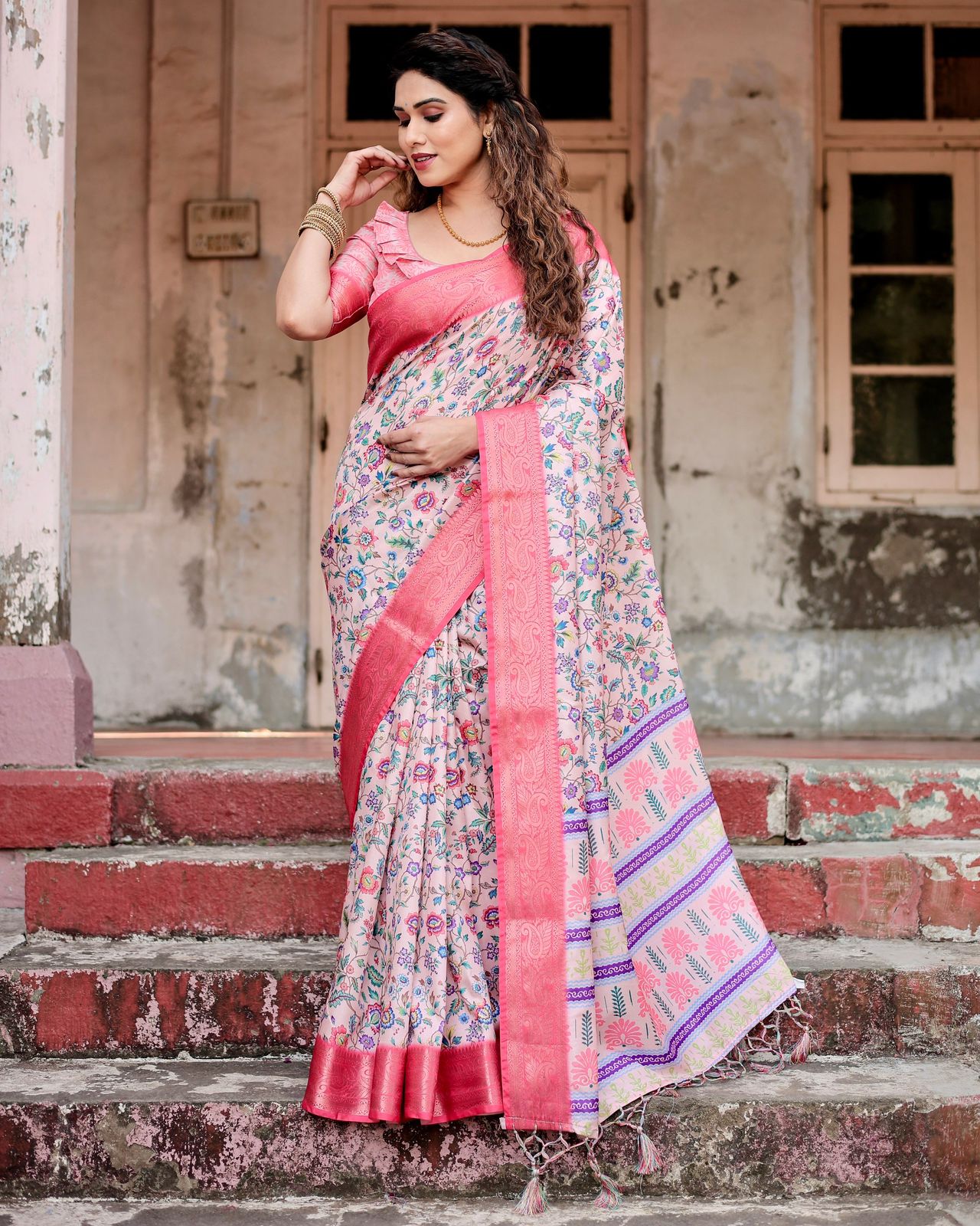 Luxuriant Printed Silk Pink Color Saree