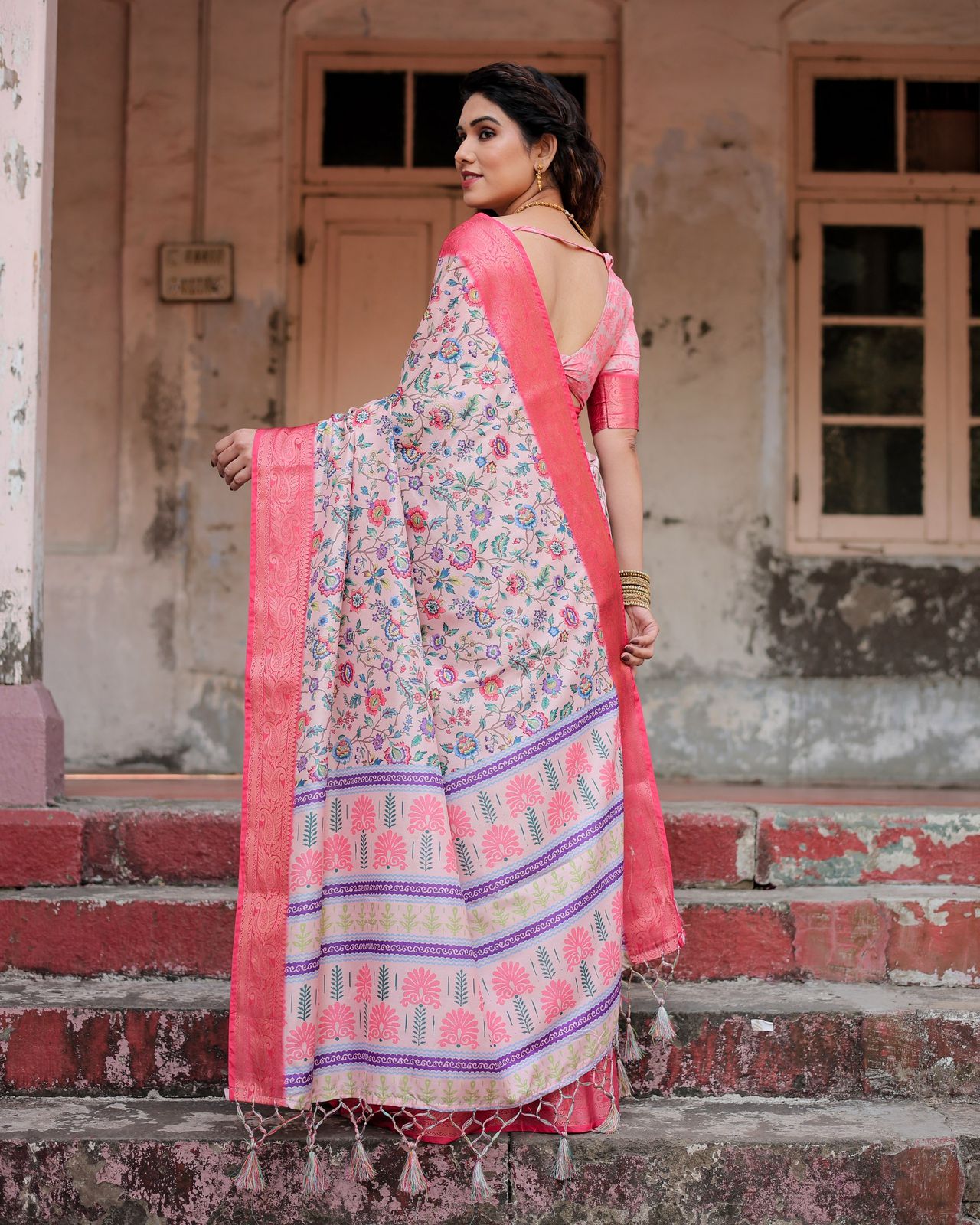 Luxuriant Printed Silk Pink Color Saree