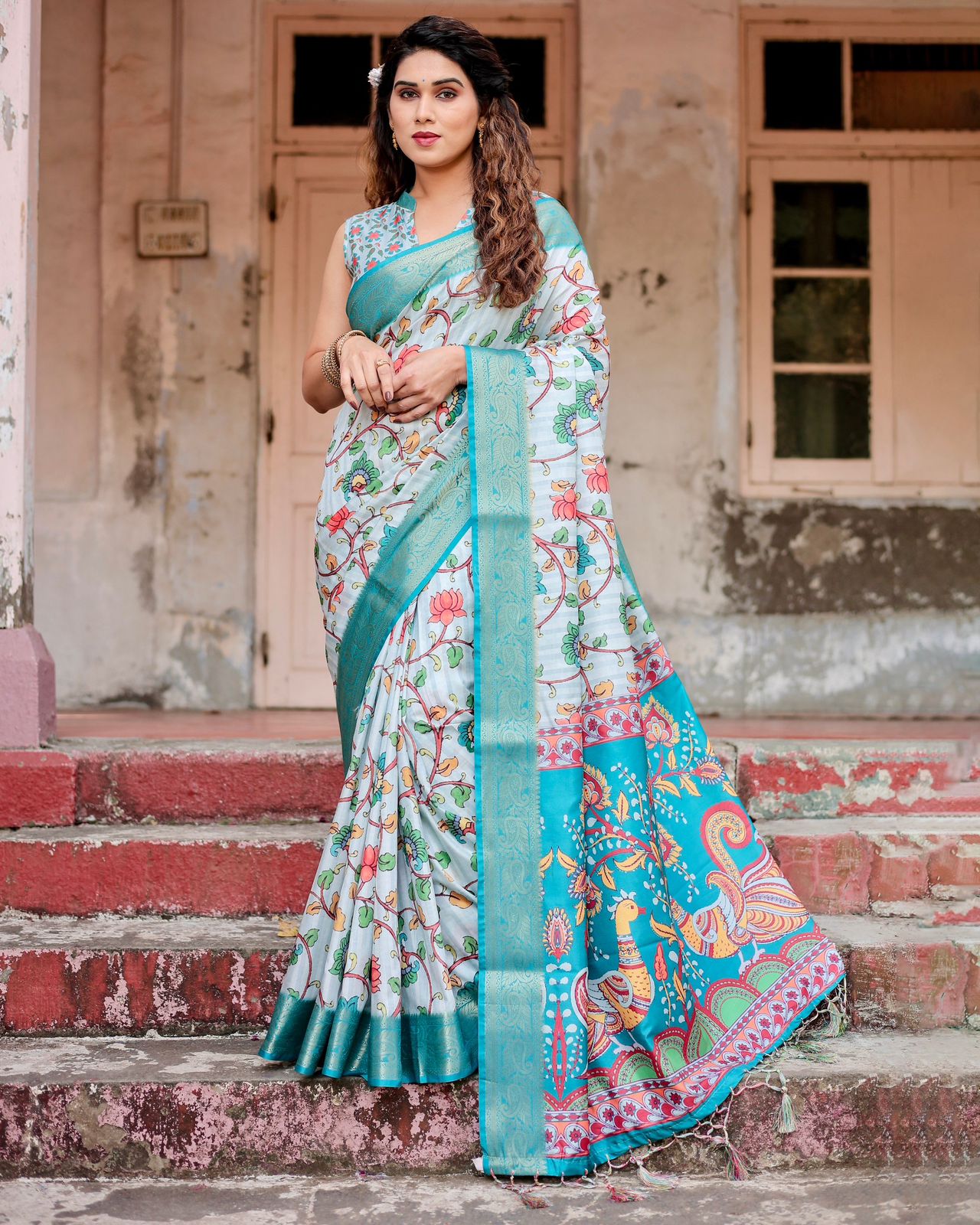 Fantastic Printed Silk Sky Blue Color Saree