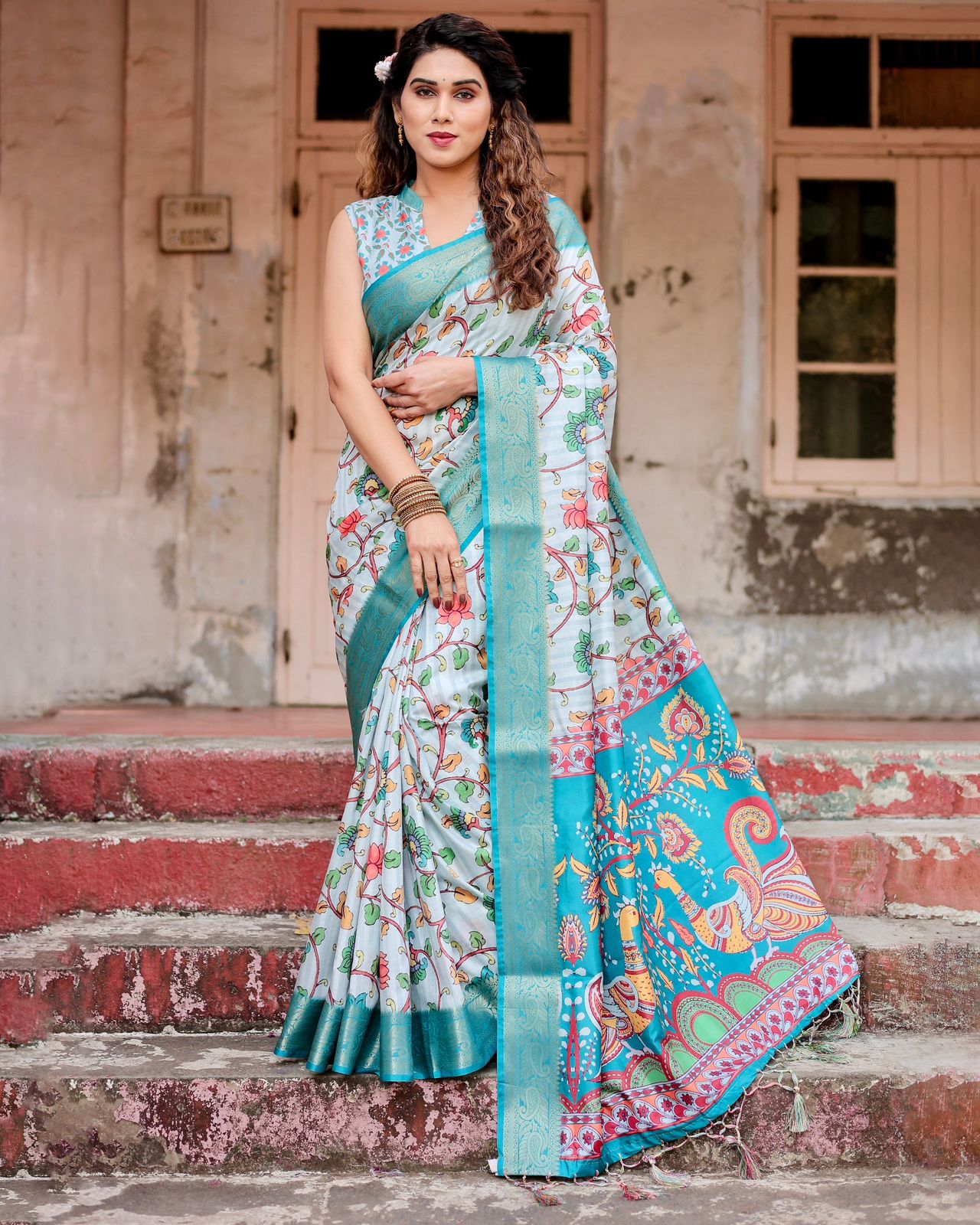 Fantastic Printed Silk Sky Blue Color Saree