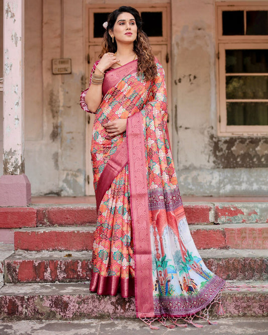 Unique Printed Silk Pink Color Saree