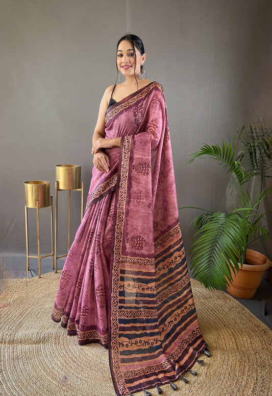 Elegant Cotton Tussar Pink Color Saree