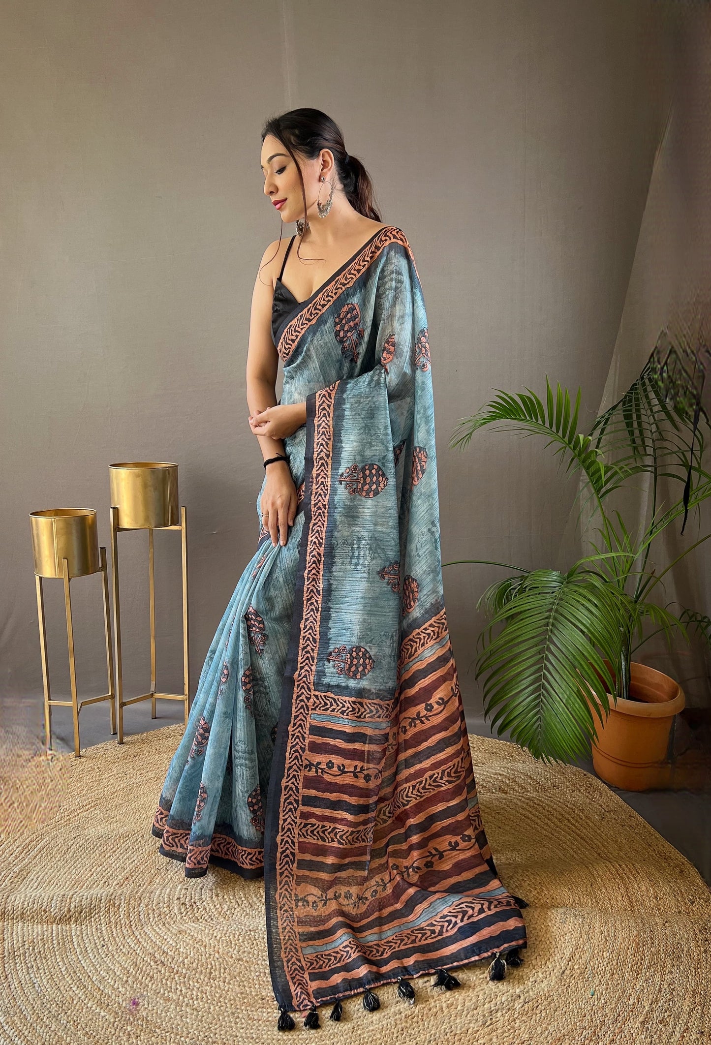 Elegant Cotton Tussar Sky Blue Color Saree