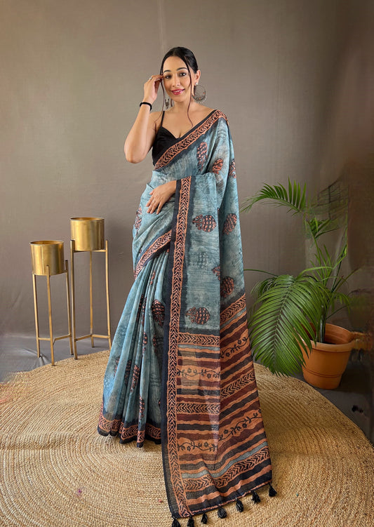 Elegant Cotton Tussar Sky Blue Color Saree