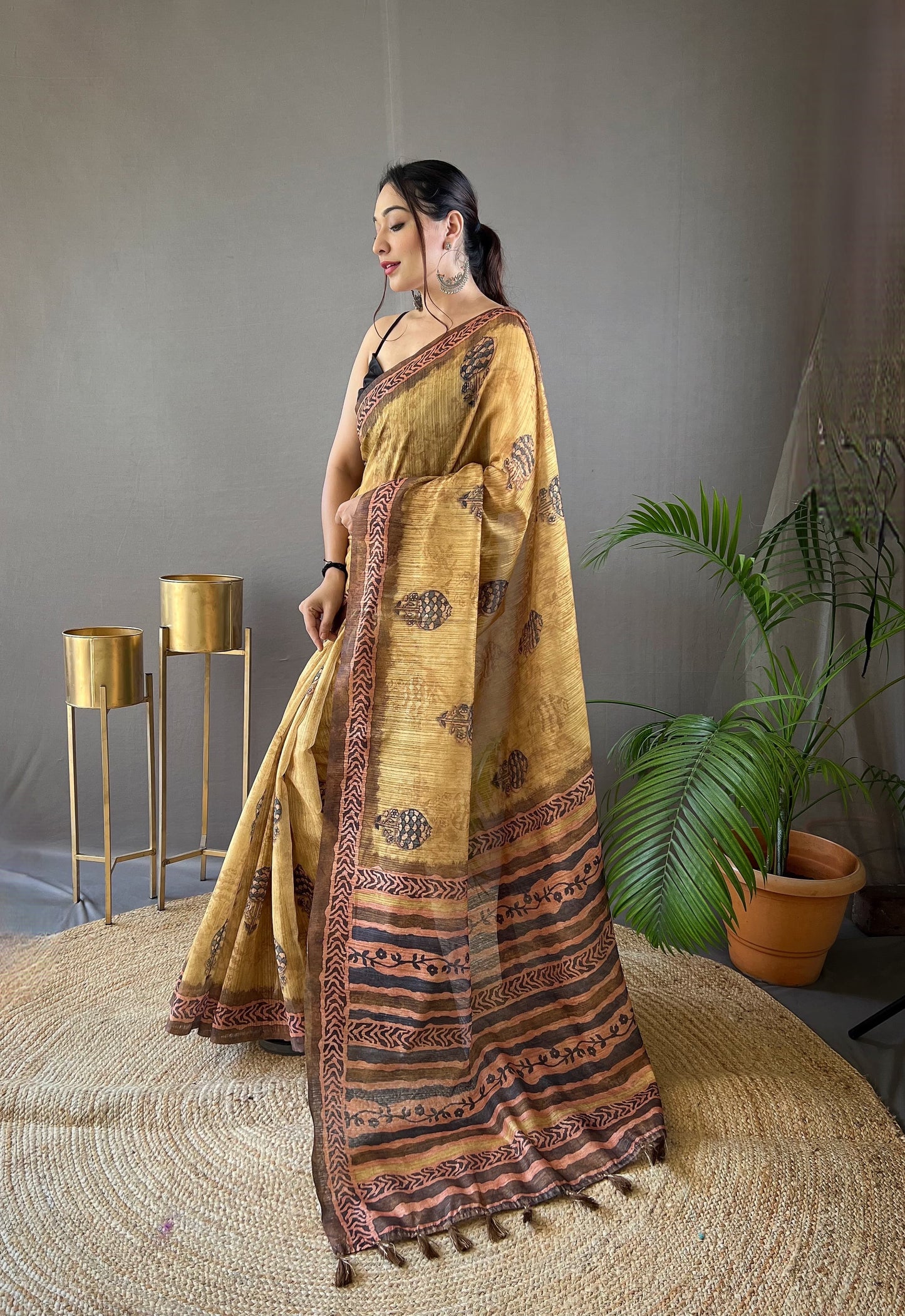 Elegant Cotton Tussar Yellow Color Saree