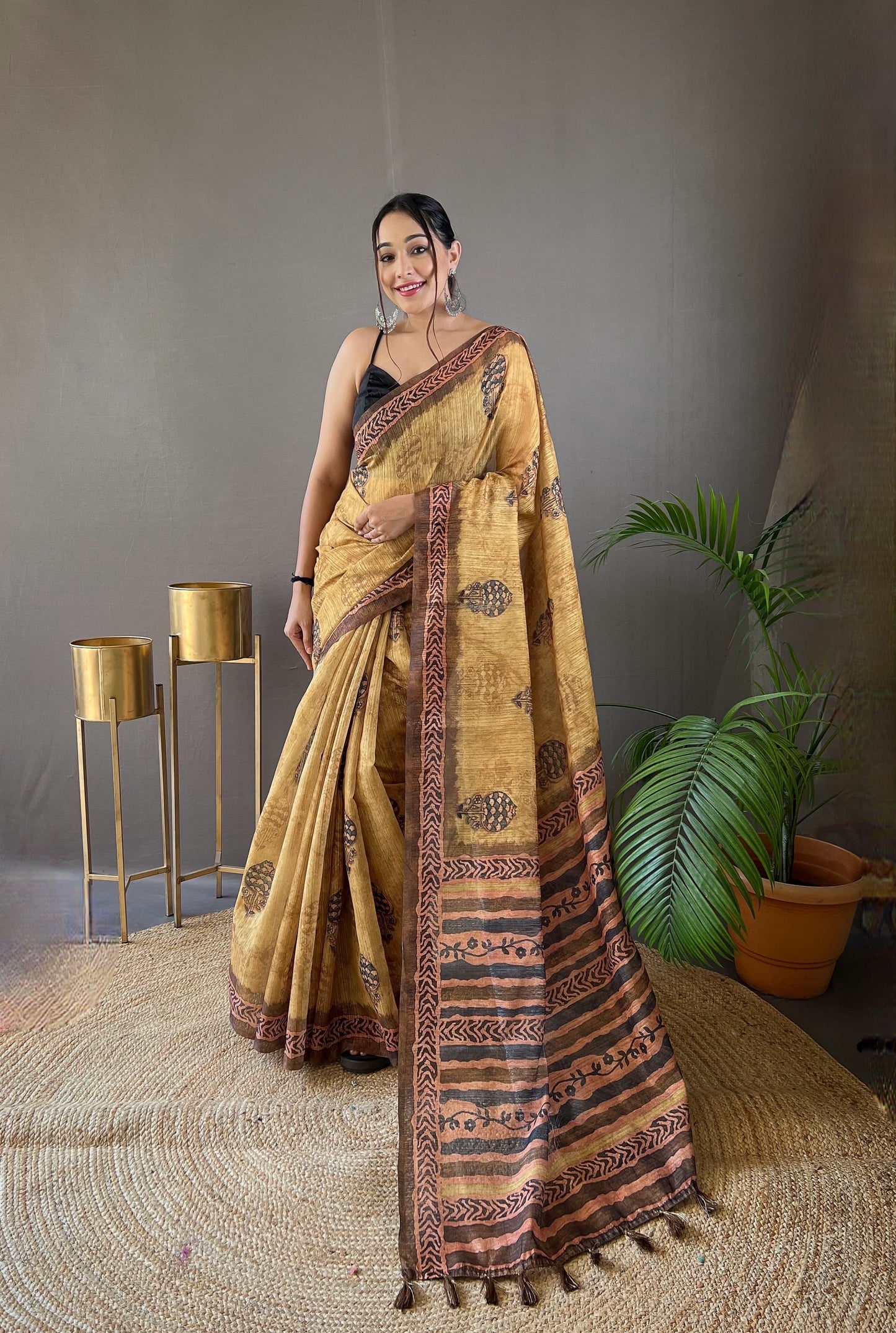 Elegant Cotton Tussar Yellow Color Saree