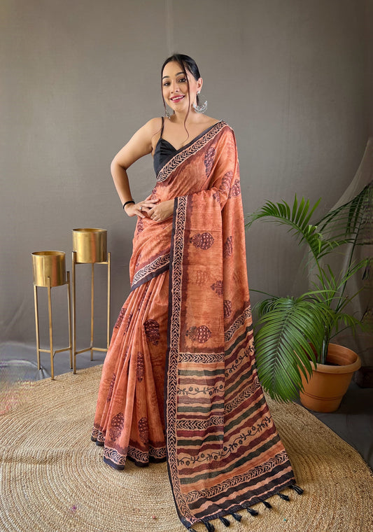 Elegant Cotton Tussar Orange Color Saree