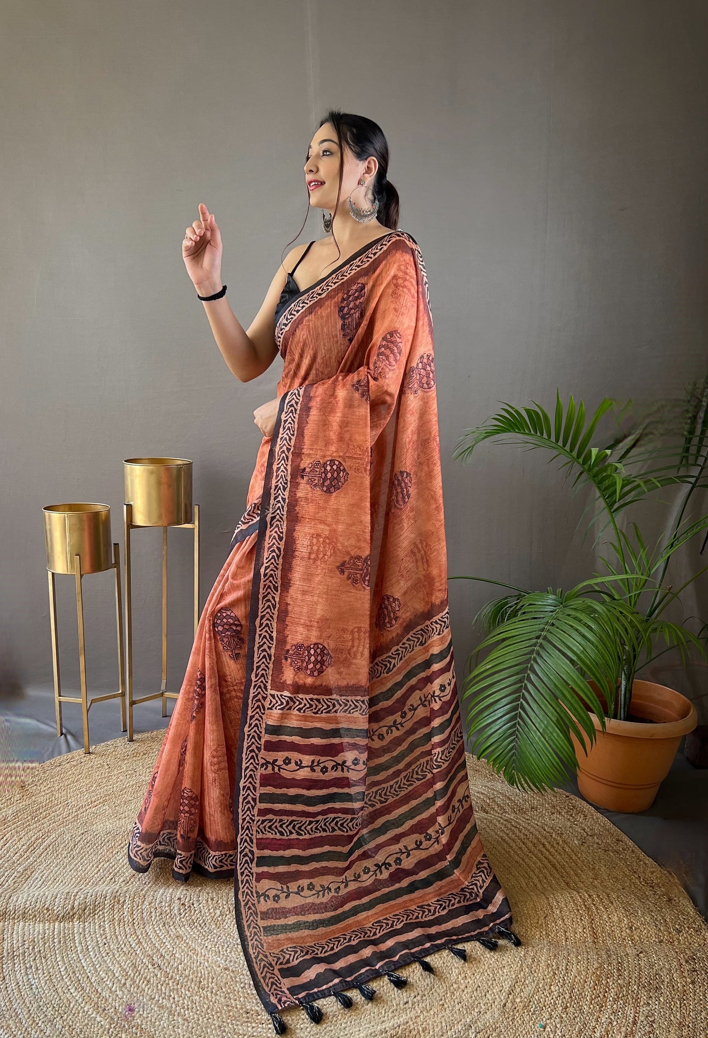 Elegant Cotton Tussar Orange Color Saree