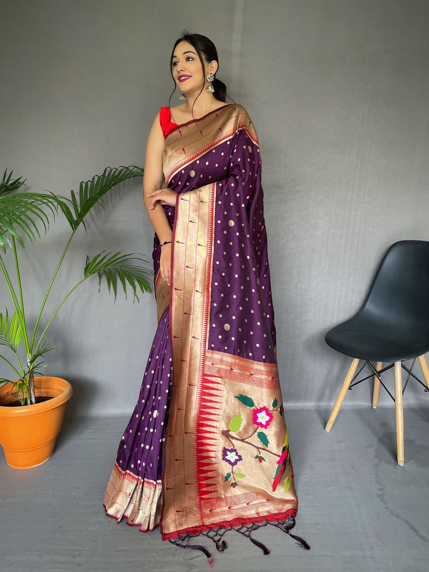 Elegant Paithani Silk Wine Color Saree