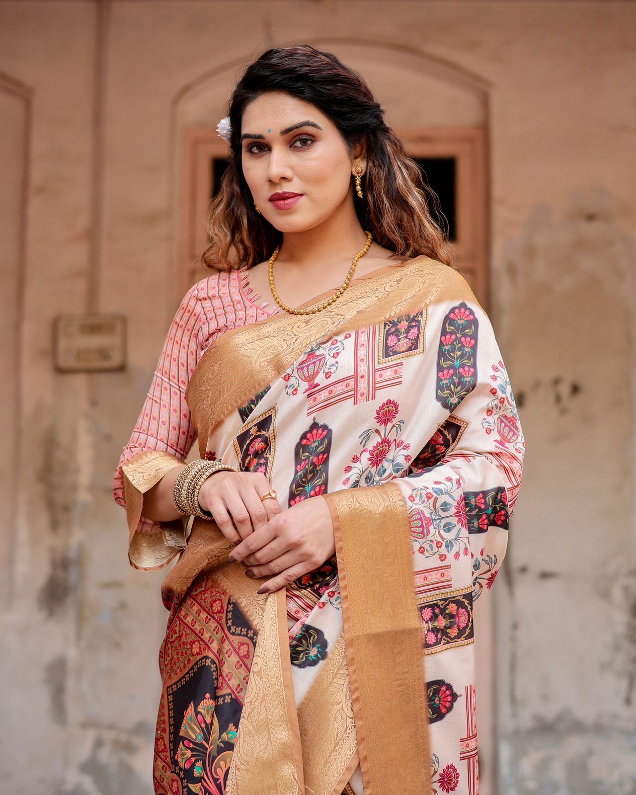 Luxuriant Printed Silk White Color Saree