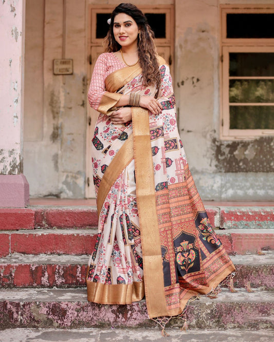 Luxuriant Printed Silk White Color Saree