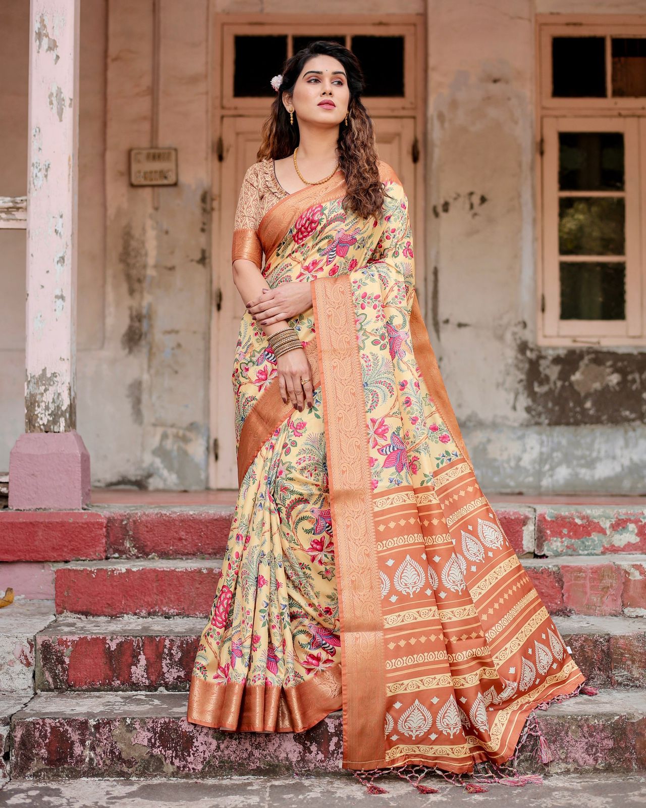 Presenting Printed Silk Yellow Color Saree