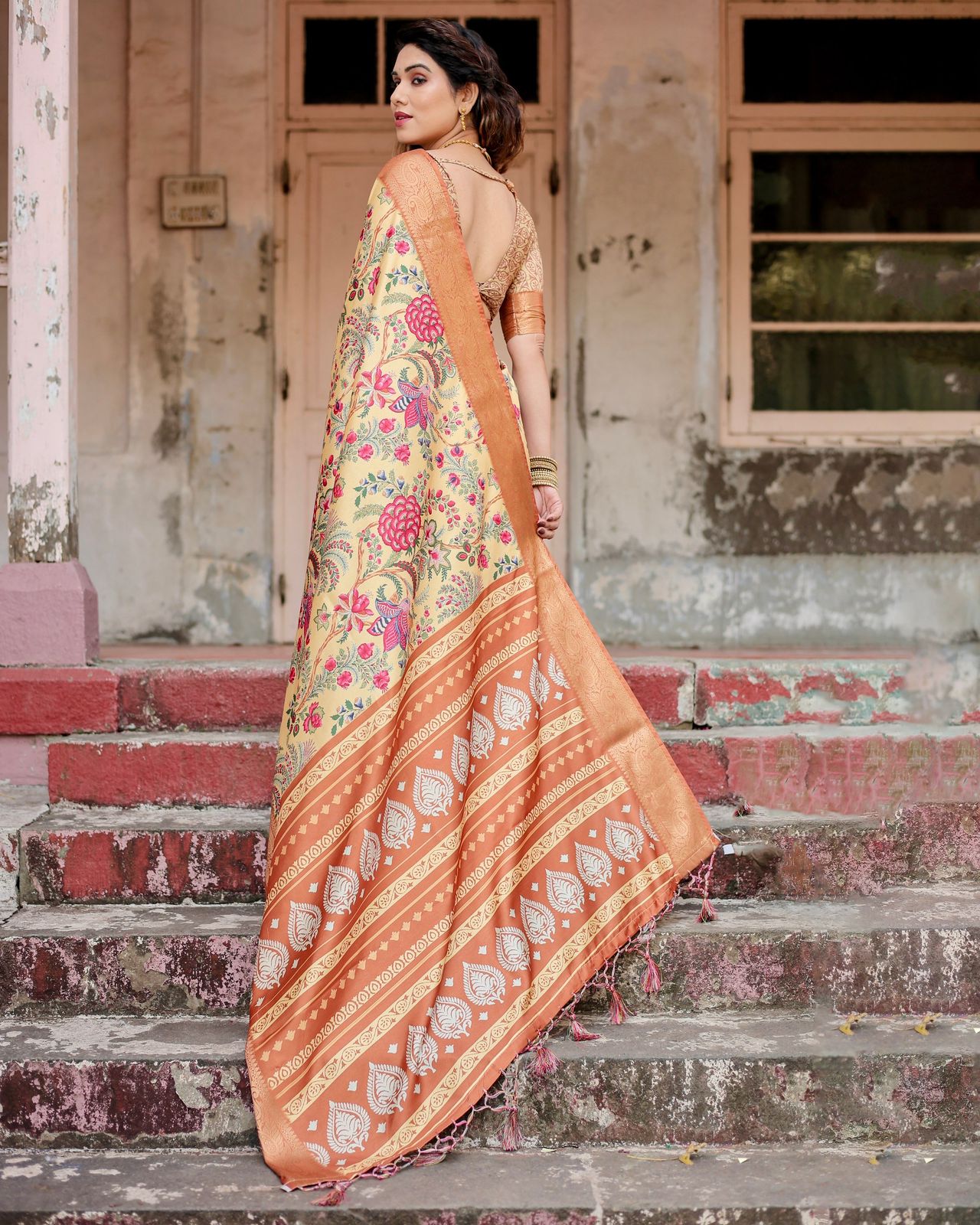 Presenting Printed Silk Yellow Color Saree