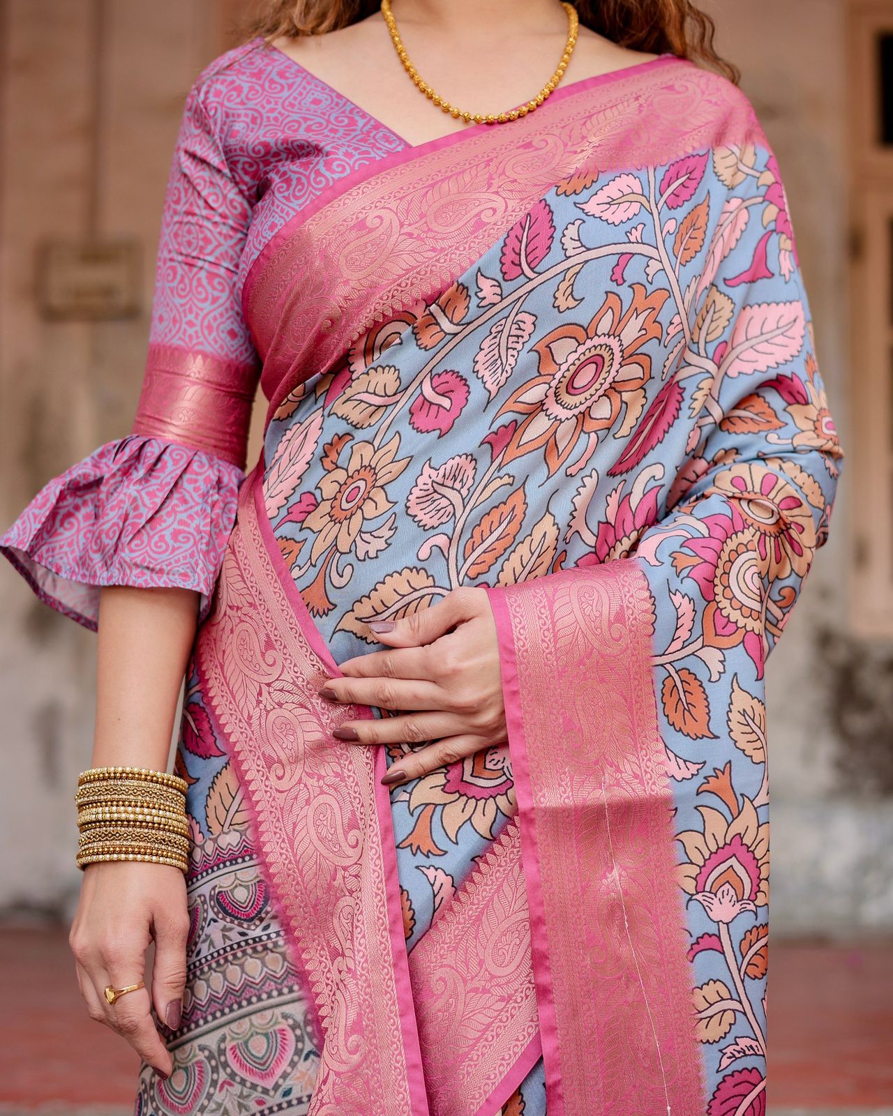 Luxuriant Printed Silk Pink Color Saree