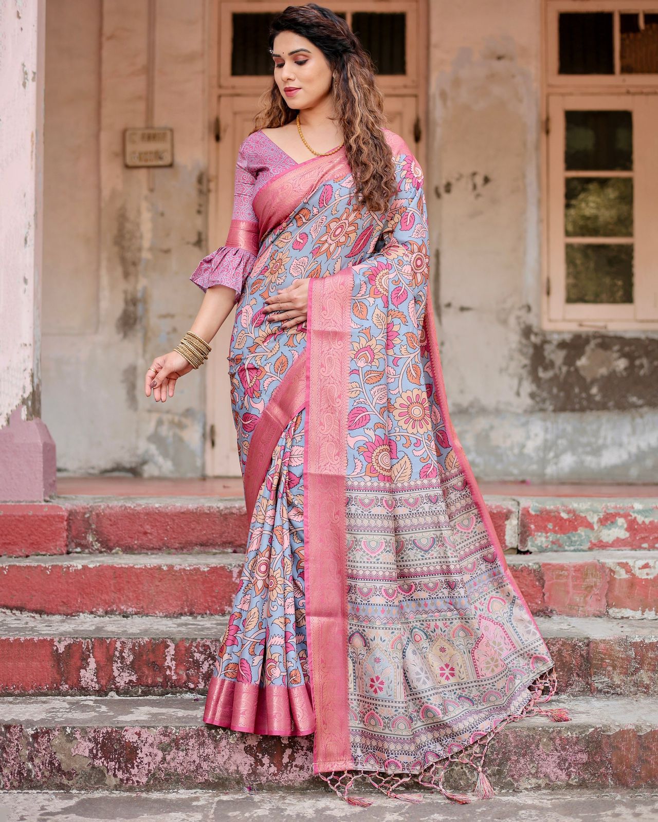 Luxuriant Printed Silk Pink Color Saree