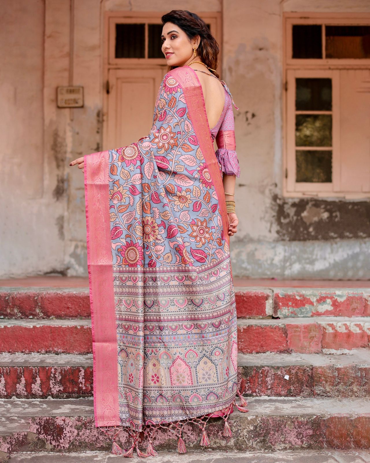 Luxuriant Printed Silk Pink Color Saree