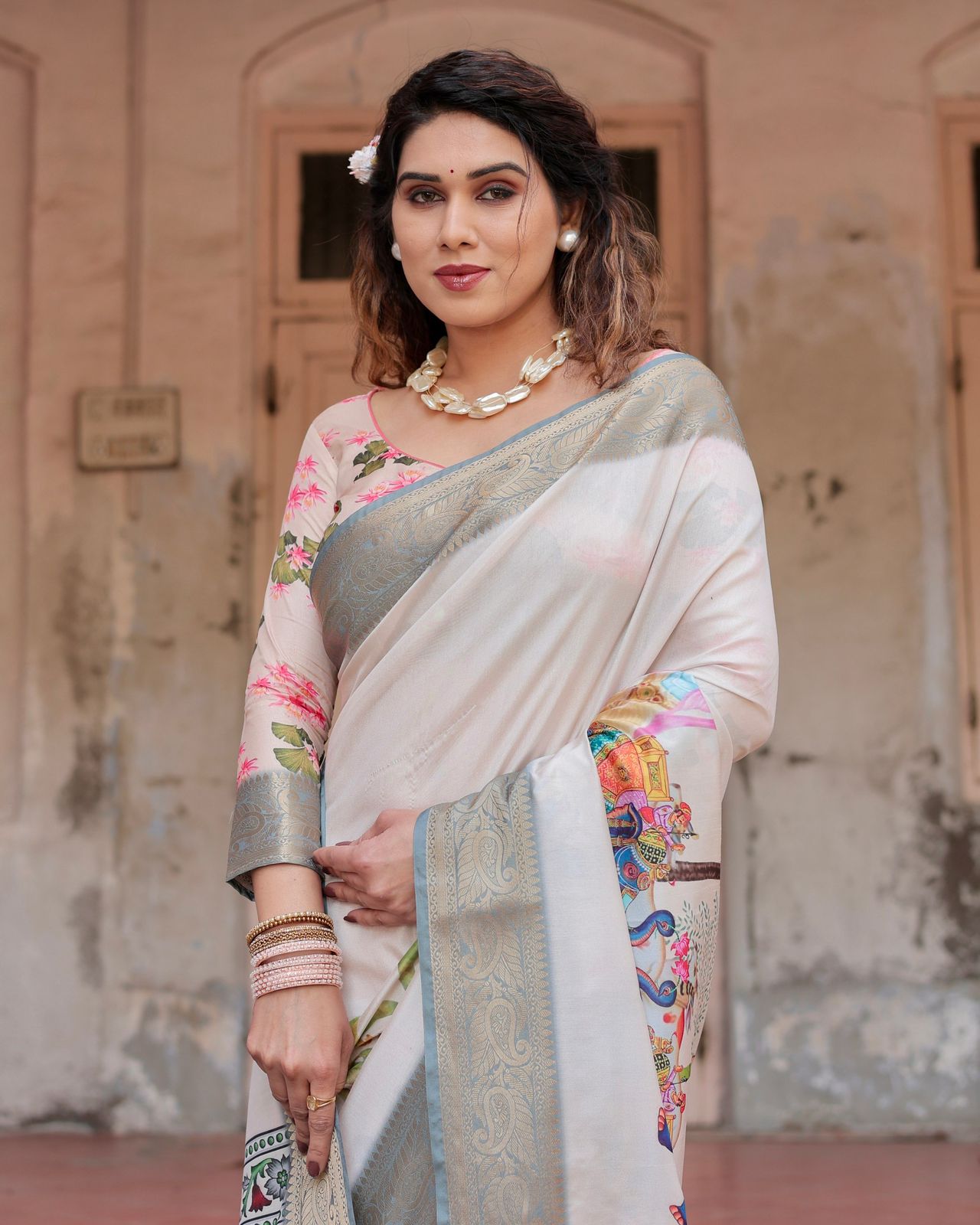 Luxuriant Printed Silk Beige Color Saree