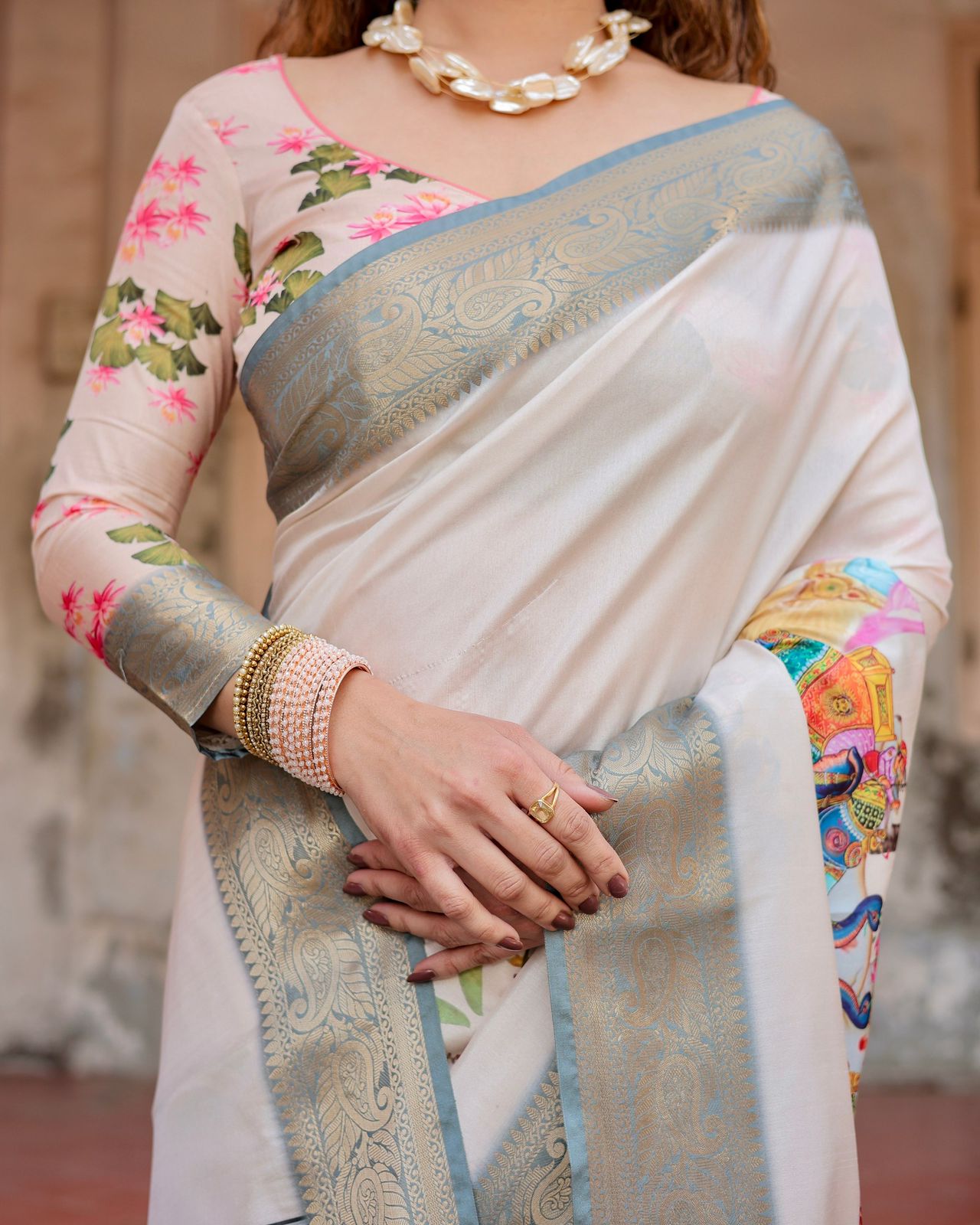 Luxuriant Printed Silk Beige Color Saree