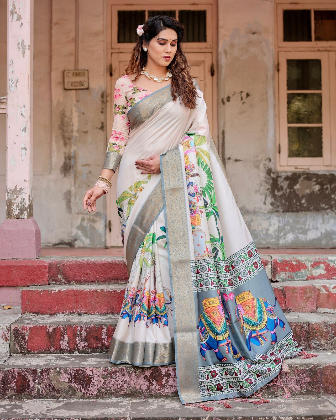 Luxuriant Printed Silk Beige Color Saree