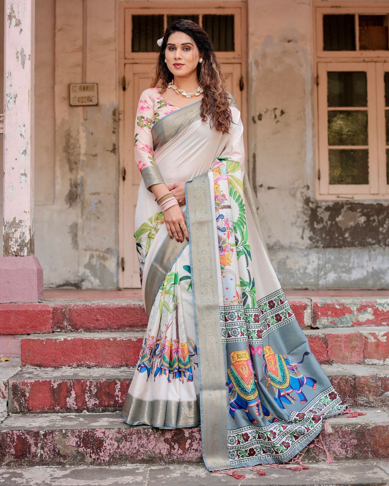 Luxuriant Printed Silk Beige Color Saree