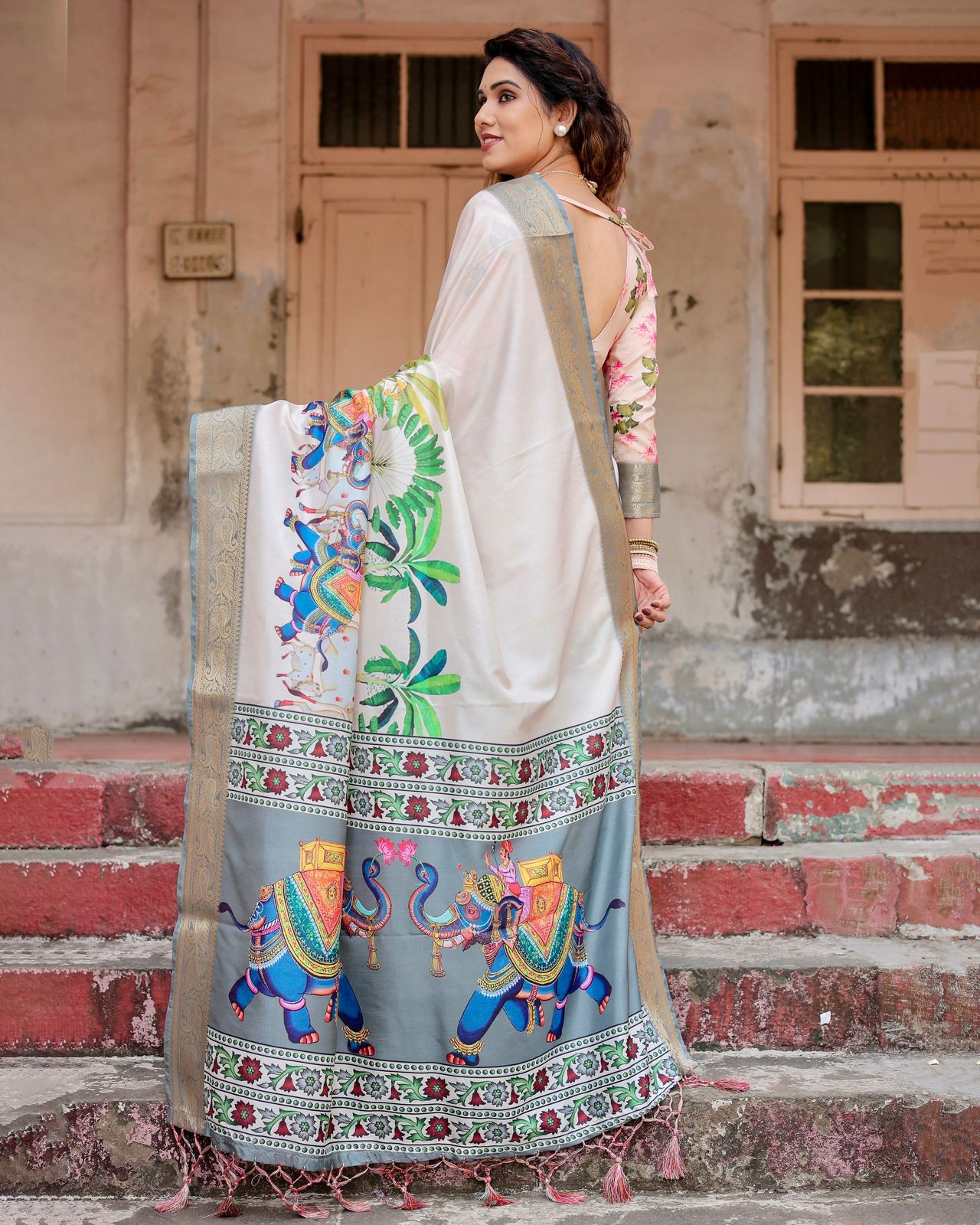 Luxuriant Printed Silk Beige Color Saree