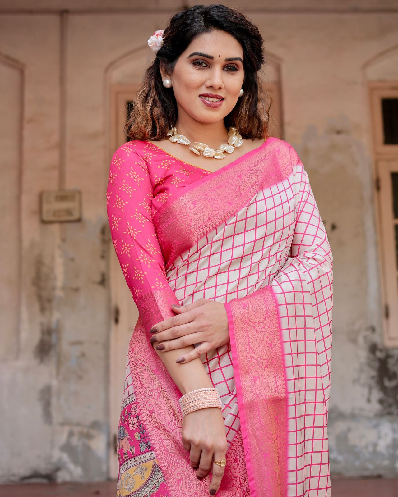 Luxuriant Printed Silk Pink Color Saree