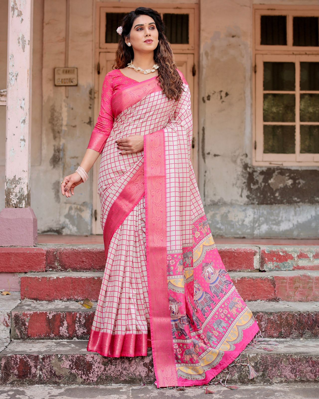 Luxuriant Printed Silk Pink Color Saree